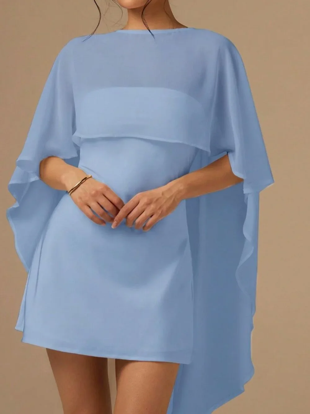 Baby Blue Satin Bias-Cut Women's Mini Dress with Cape Shawl - Picture 4 of 7